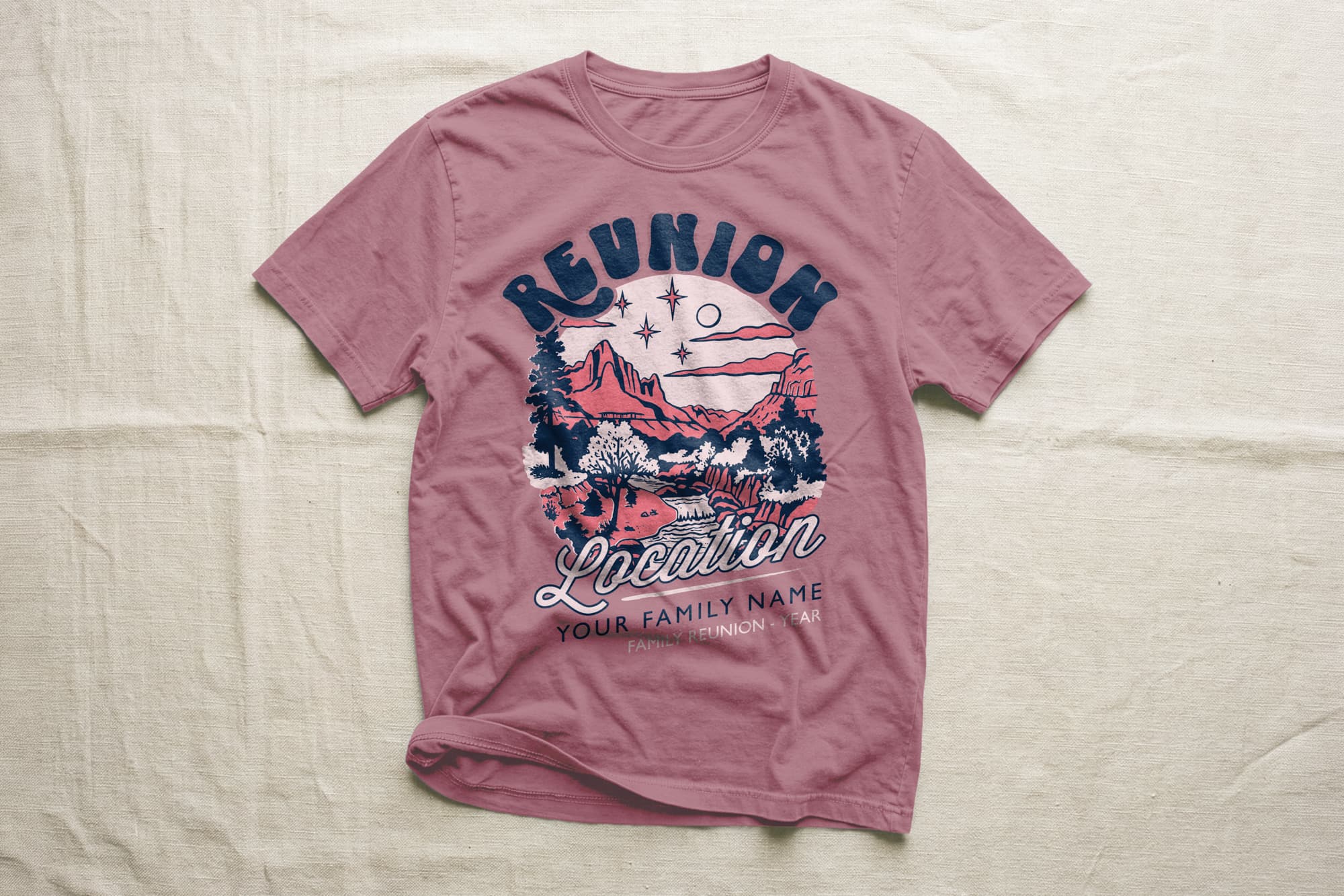 A dusty rose T-shirt displays a scenic illustration of mountains, trees, and stars under a moon. It includes bold text: "Reunion" and "Location."