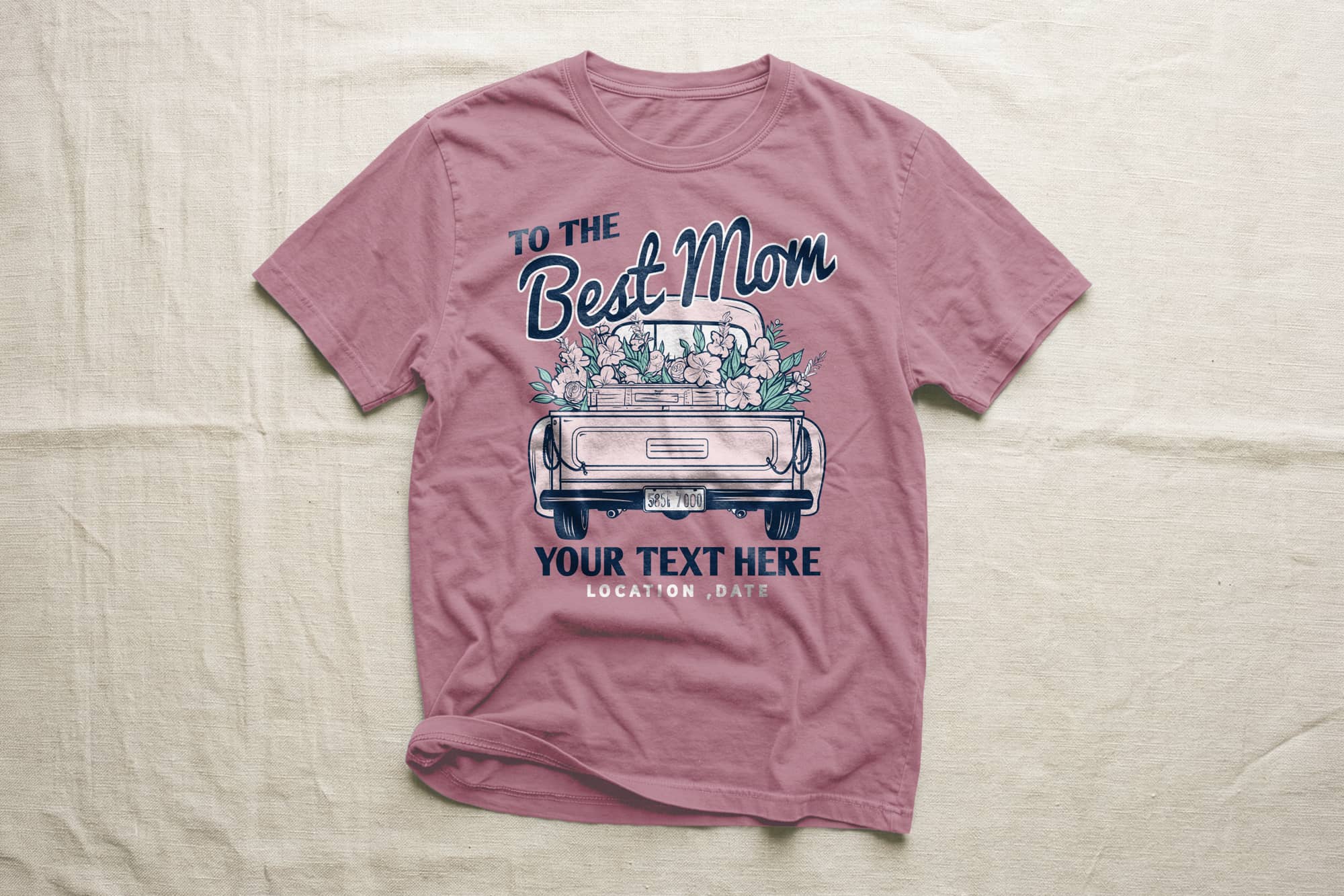 Pink t-shirt with a vintage car and flowers graphic. It reads "To the Best Mom" with customizable text lines for a personal message below.