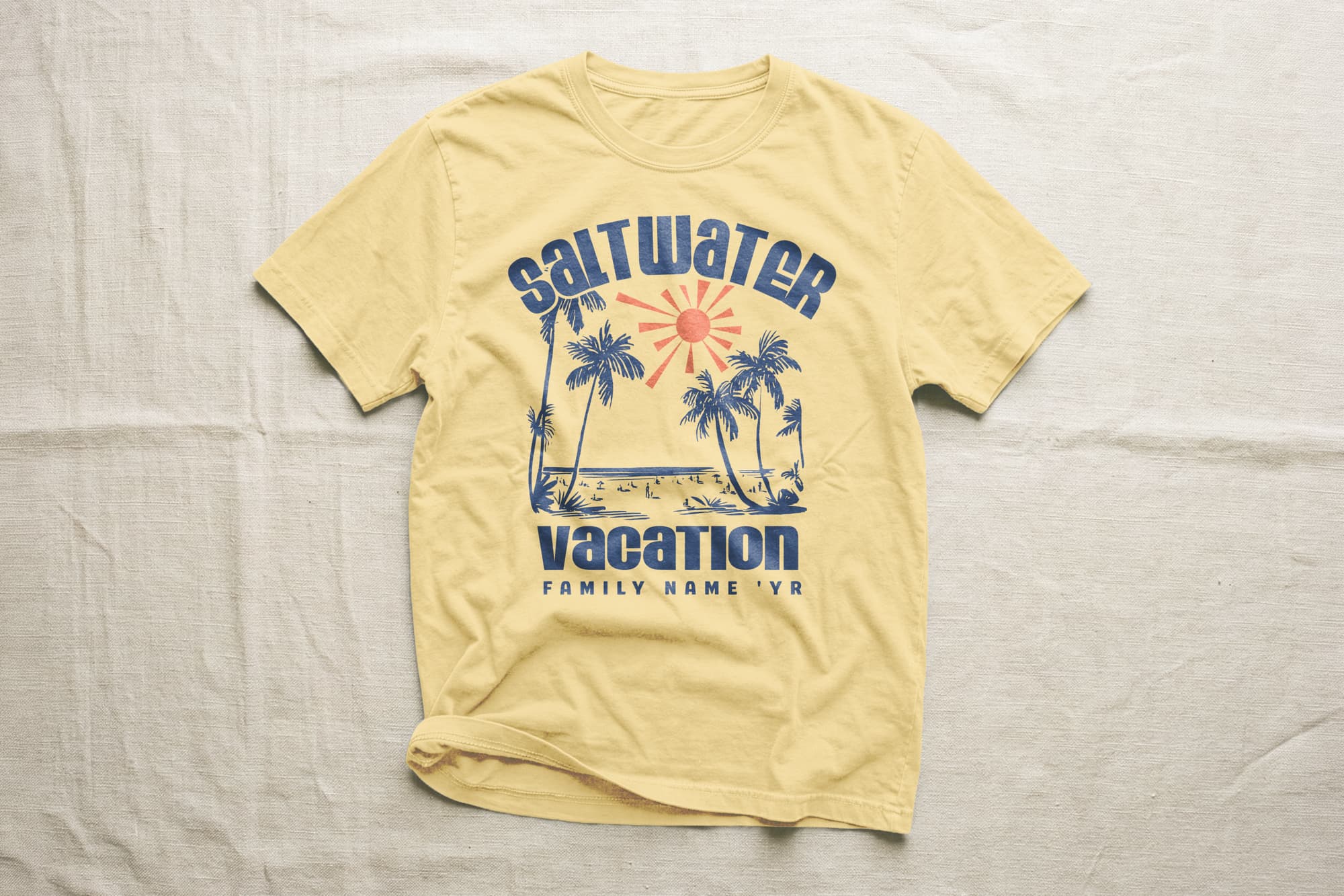 Yellow T-shirt with "Saltwater Vacation" text, featuring blue palm trees and an orange sun. The phrase "Family Name Yr" is included below.