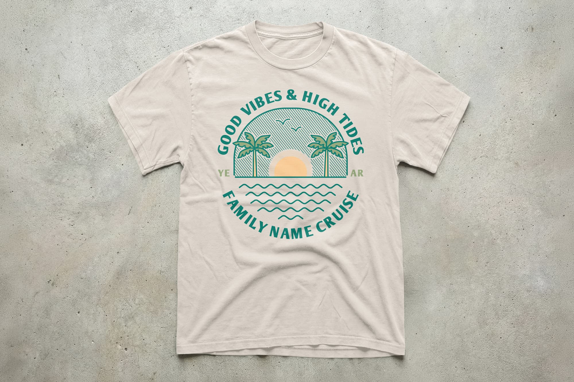 T-shirt with "Good Vibes & High Tides" text and palm trees surrounding a sun. Words curve above and below design, reading "Family Name Cruise." Relaxed, tropical theme.
