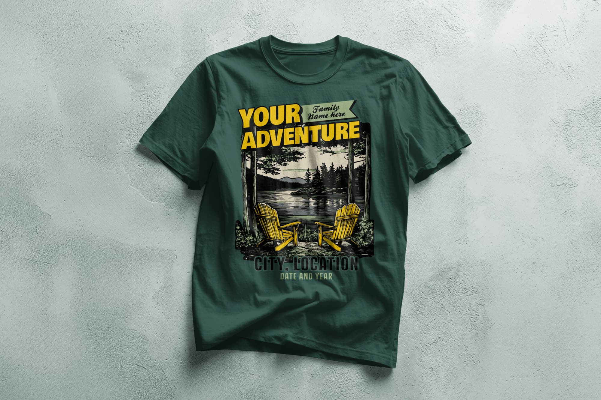 Green T-shirt with a nature-themed design. It features two yellow chairs by a lake and mountains, with "Your Adventure" in bold yellow text above.